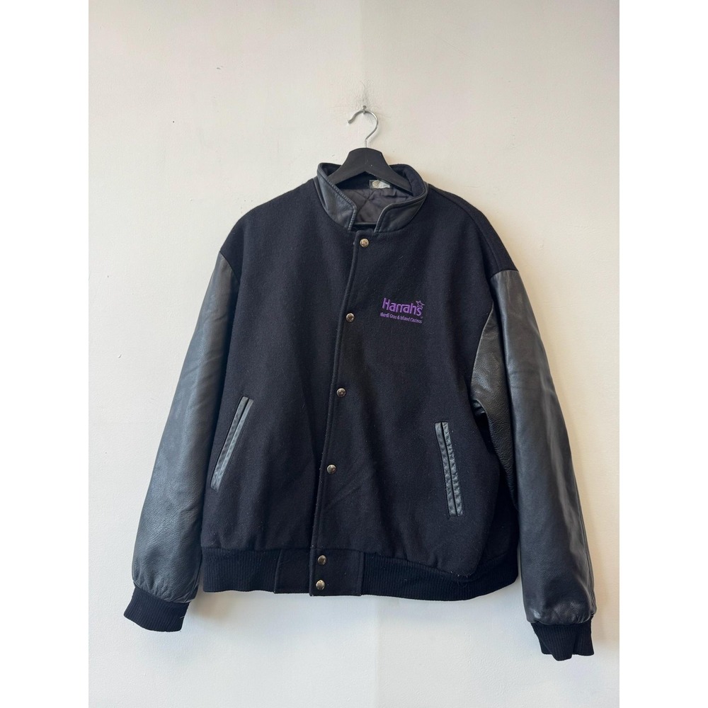 VTG Harrah's St Louis Jacket Mens Large Black Wool Leather Varsity Bomber Casino